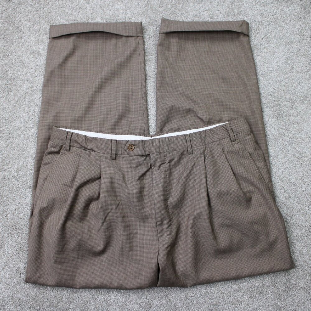 Canali Dress Pants Mens 36x28 Brown Checkered Pleated‎ 100% Wool Rayon Lined